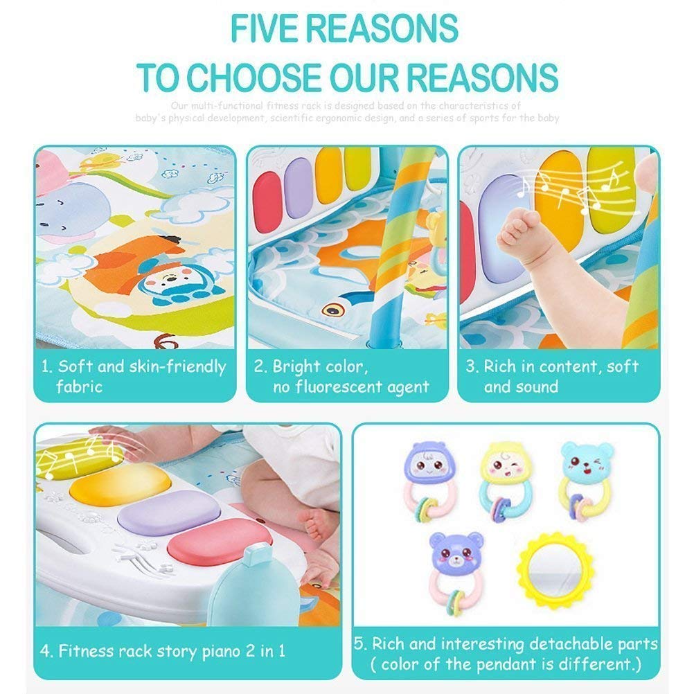 TOYIQ 5-in-1 Baby Piano Gym Mat – Infant Music Fitness Rack & Rattle Toy Set – Early Learning Play & Crawling Mat with Hanging Toys – Educational Activity Center for Babies (Multicolor, Blue) (5-in-1Piano Gym Mat) 3