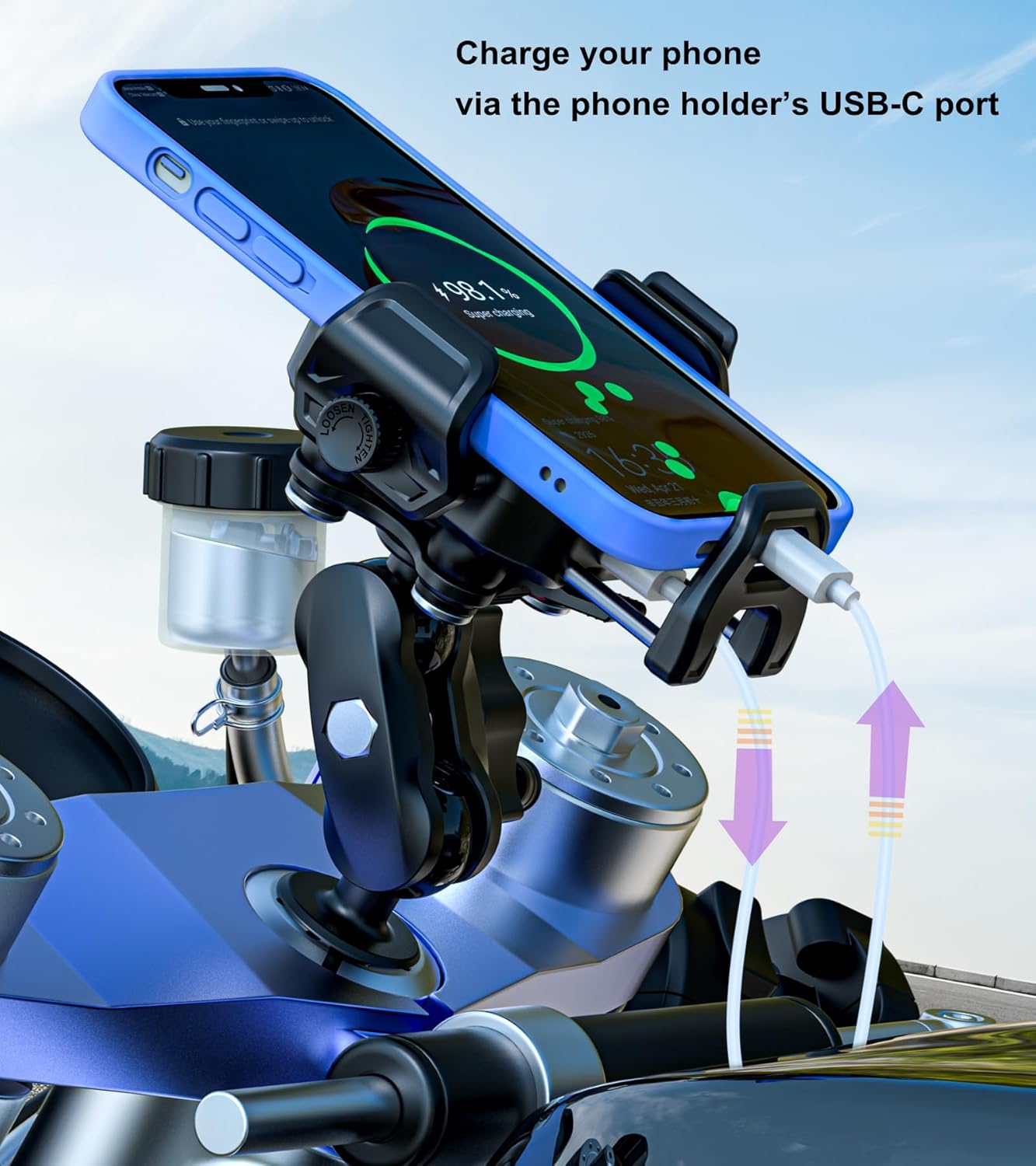 BRCOVAN Motorcycle Fork Stem Phone Mount Holder with Qi 15W Wireless Charger & 36W PD/USB-C Fast Charging Port, Anti-Theft, with Vibration Dampener, 1s Lock & Release, Camera Friendly, Adjustable Size