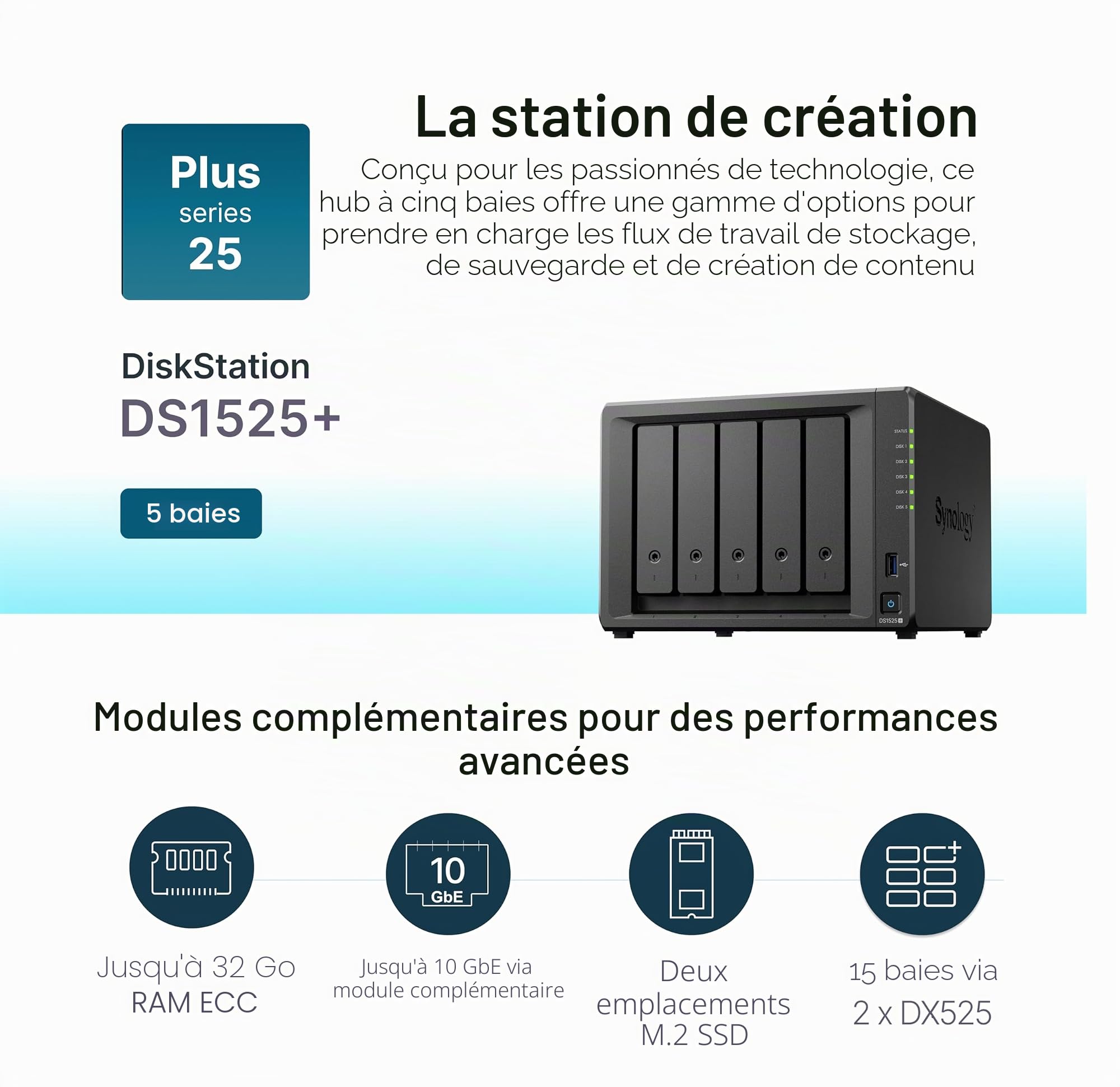 Synology Kit NAS Extensible à 5 Baies DS1525+ AMD RyzenCPU avec 8 Go de mémoire, utilisateurs Standard 2,5 GbE, revendeur autorisé Domestique, Field Lake, Support téléphonique, DiskStation