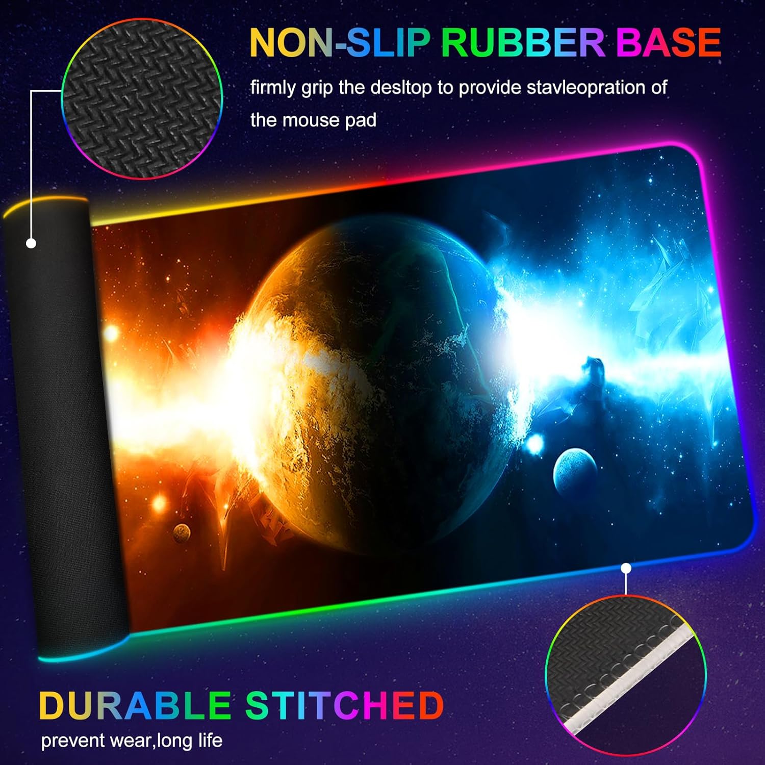 ARTSO RGB Gaming Mouse Pad Large, Extended LED Mouse Mat XXL 35.4x15.7 inch, 14 Lighting Modes, 2 Brightness, Non-Slip Rubber Base Mousepad Waterproof Keyboard Mat,Universe Space Starry Sky