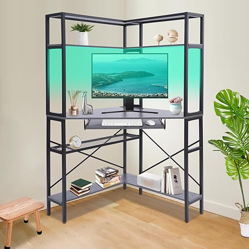 Corner Computer Desk, Modern Laptop Desk w/Outlets & LED Light,