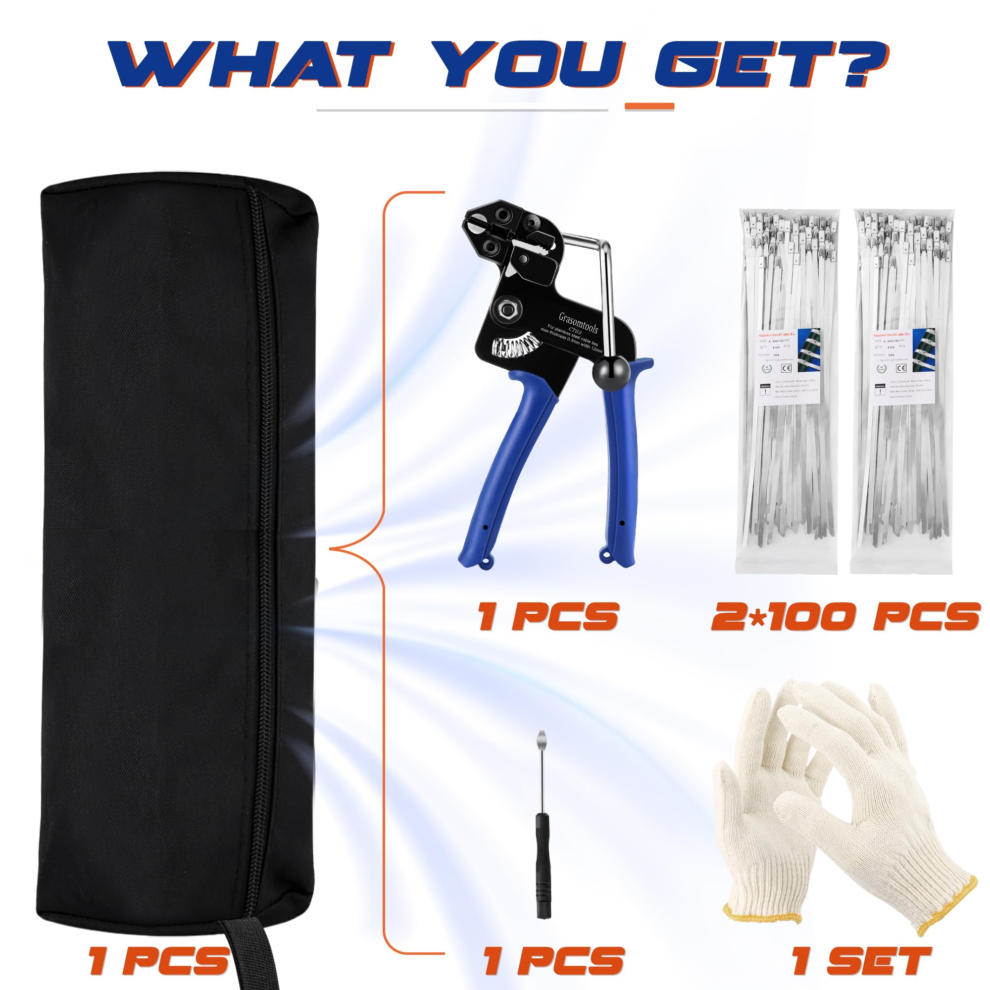 Zestaw pistoletu do owijania metalu, 200 szt., Grasomtools pistolet do opasek kablowych ze stali nierdzewnej, regulowane narzędzie do napinania i cięcia, z 200 szt. 304 samozamykające się opaski