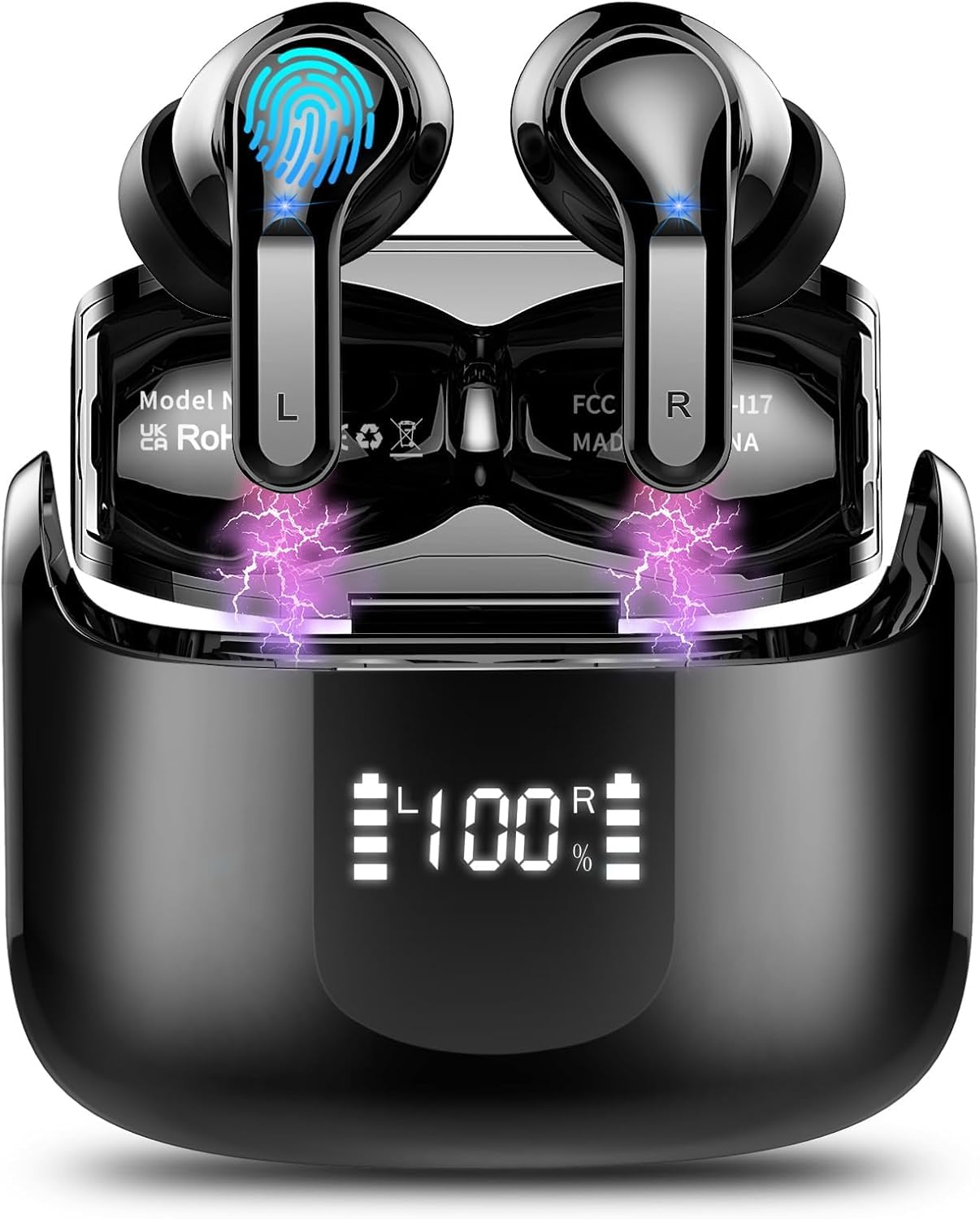 Wireless Earbud, Bluetooth Headphones 5.3 New 40H Ear Buds Bass Stereo Earphones Noise Cancelling Earbud with 4 ENC Mic in-Ear Bluetooth USB-C LED Display IP7 Waterproof Sport for Android iOS