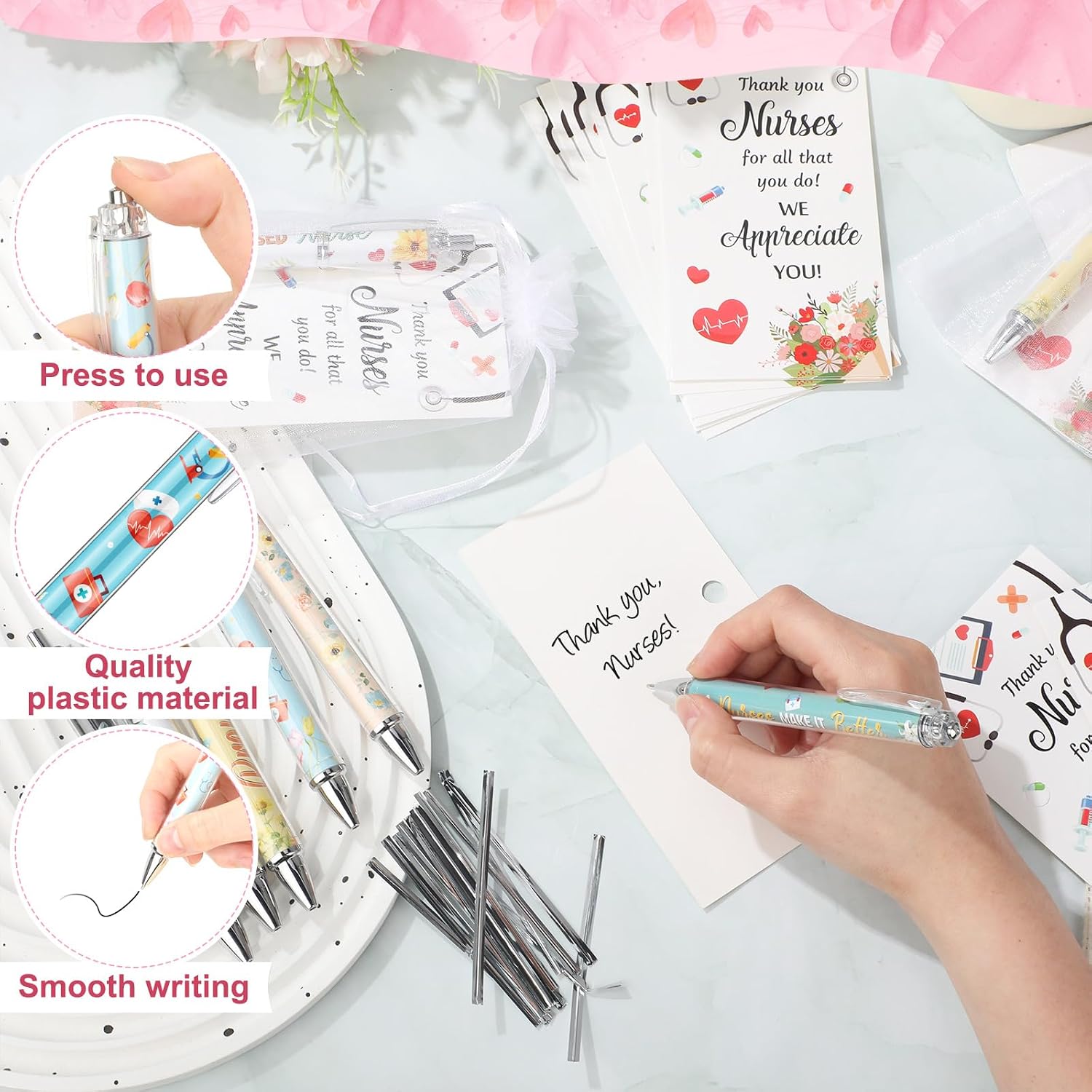 Marspark 30 Set Nurse Gifts Bulk Nurse Ballpoint Pens and Thank You Cards with Bags Twist Ties for Nurses Graduation Nursing Student Healthcare Medical Assistant Staff Coworkers Appreciation Gifts image 3