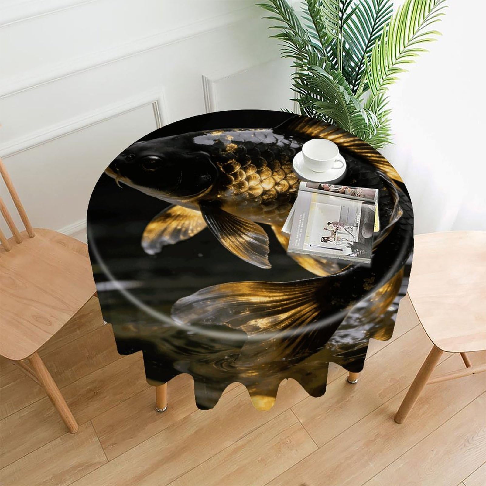 LZQPOEAS Black Gold Koi Tablecloth Easy to Clean Polyester Round Table Cover Washable Round Table Cloth Wrinkle-Free Circle Decoration Tablecloth for Kitchen and Dining Room 60"