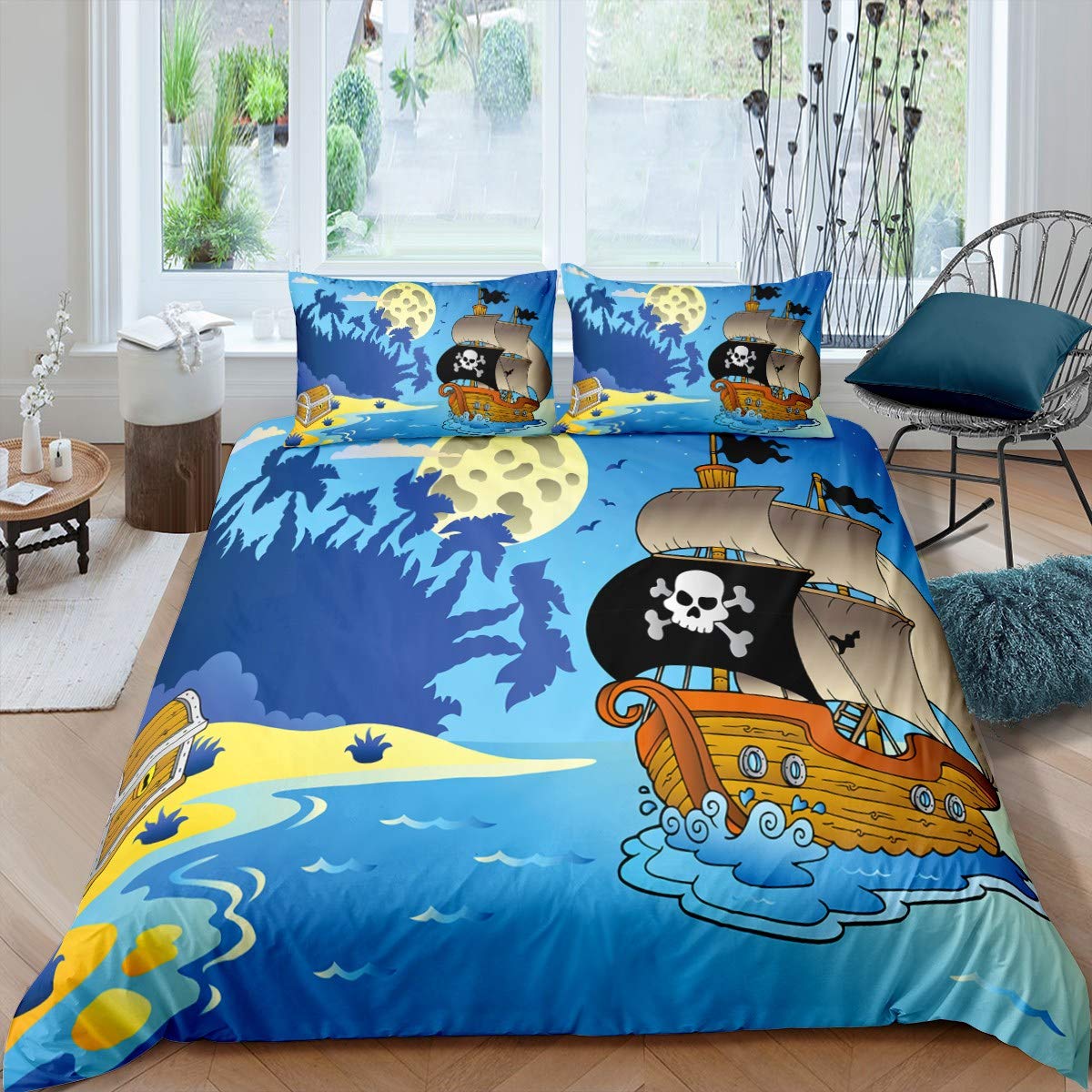 Loussiesd Boys Pattern 2 Pirate Duvet Cover Set For Kids Girls Teens Skull Sailboat Treasure Adventure Ocean Islands Blue Comforter Cover Microfiber Bedspread Cover Decor 2Pcs Bedding With 1 Pillowcase Single