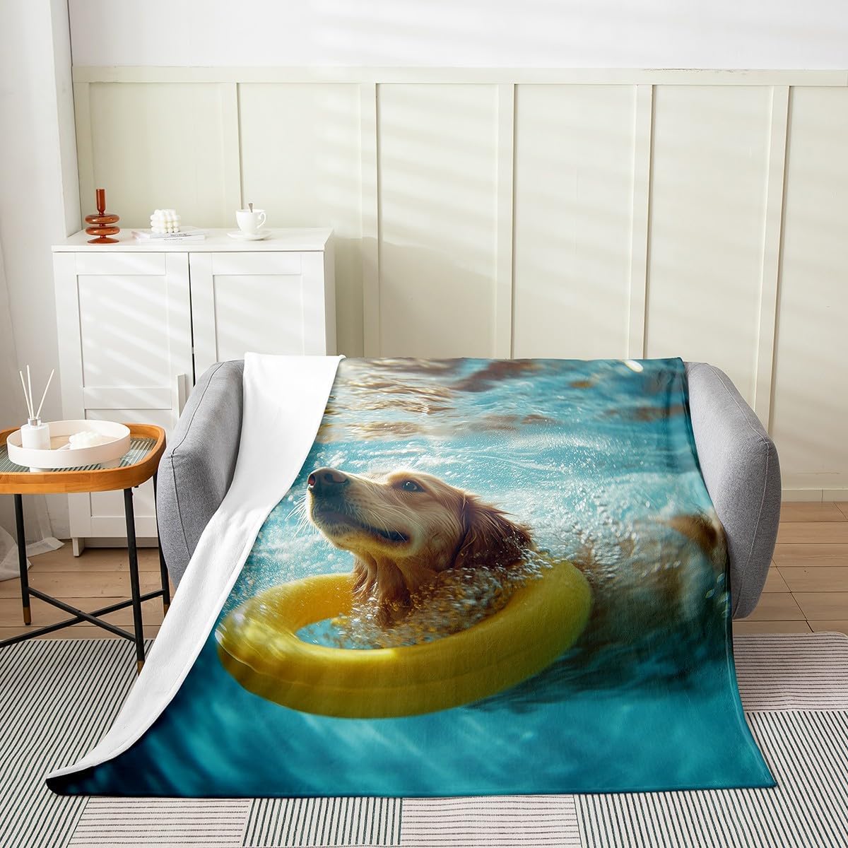 Lovely Dog Fleece Blanket,Swimming Pool Yellow Ring Sunshine 3D Print Bed Blanket for Kids Teens,Cute Puppy Pet Animal Fashion Swim Sports Flannel Blanket for Room Decor,Queen 90"x90"