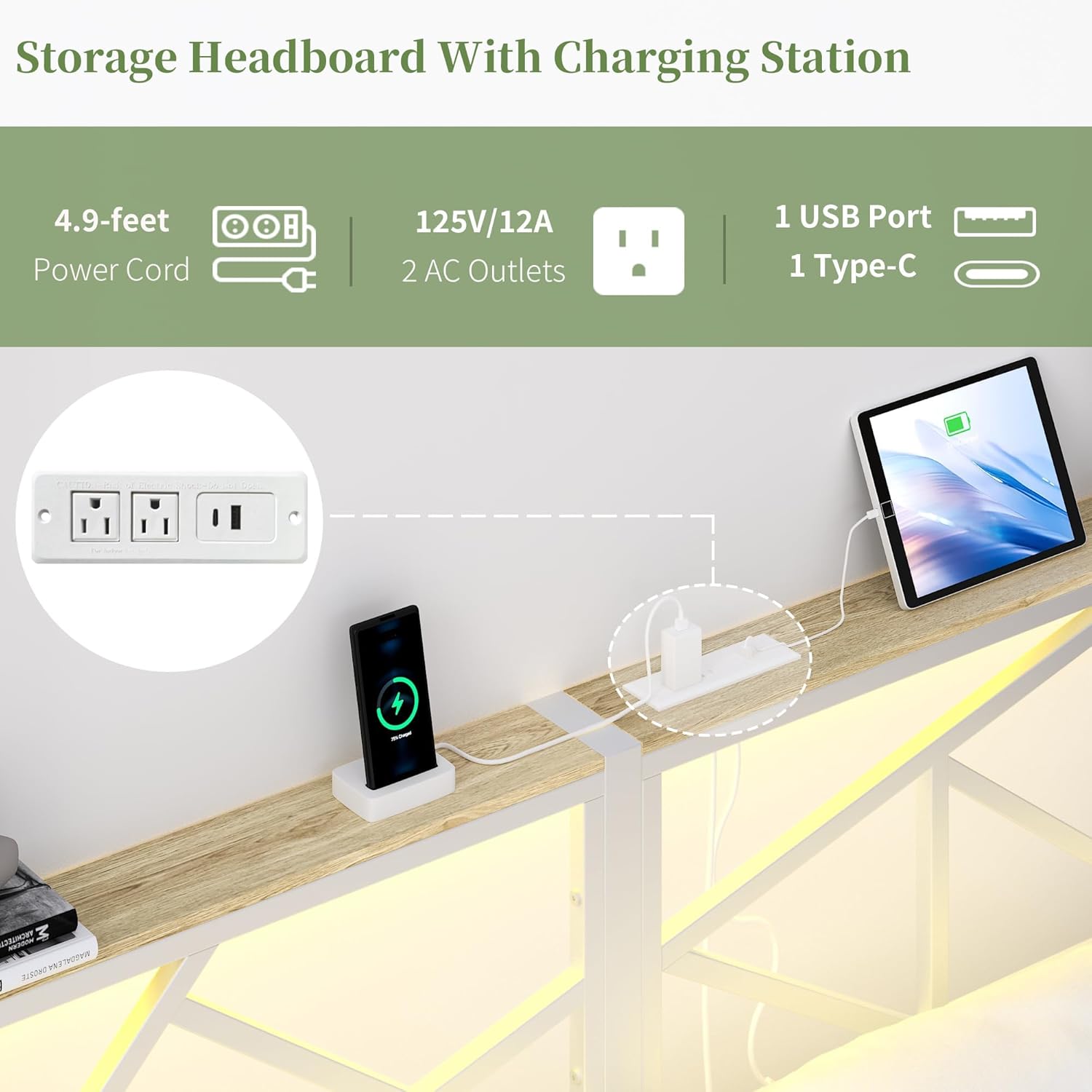 ChicZhiNest Queen White Metal Bed Frame with USB Charging Station, LED Ambient Lighting, and Wooden Storage Headboard - Includes Under-Bed Storage, No Box Spring Needed, Noise Free, Easy to Assemble - Image 5