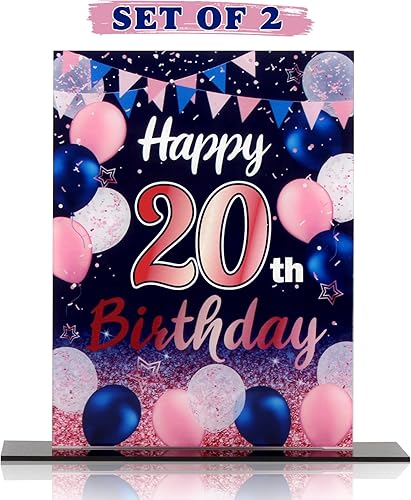 LINGTEER Decoración de cumpleaños, soporte para globos, centros de mesa de acrílico, póster impreso de feliz 20 cumpleaños, centros de mesa de fondo