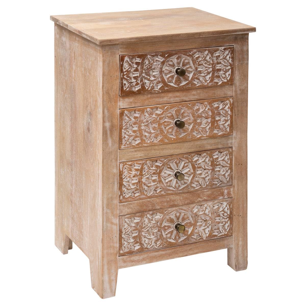 Atmosphera - Chiffonnier 4 Tiroirs Shirel - Bois de Manguier Sculpté - L 50 x P 40 x H 80 cm - pour Chambre, Salon, Entrée