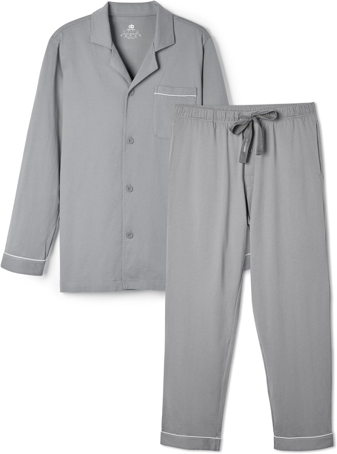 DAVID ARCHYMens Pajamas Set Soft Cotton Notched Collar Pajamas for Men Long Sleeve Mens Sleepwear with Pockets & Front Fly