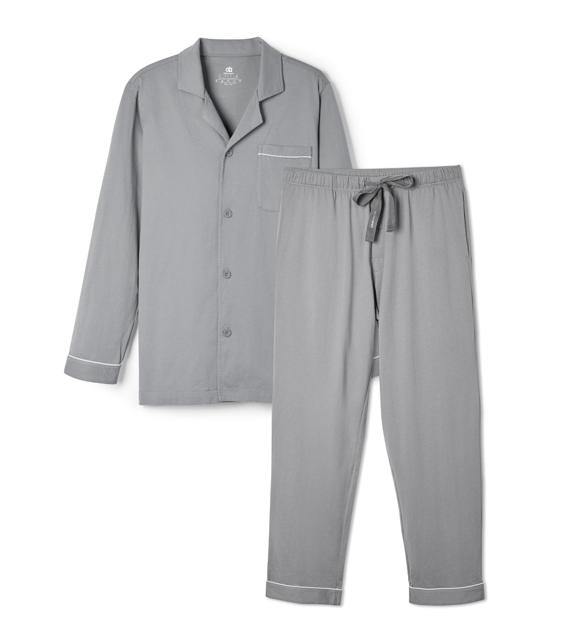 DAVID ARCHYMens Pajamas Set Soft Cotton Notched Collar Pajamas for Men Long Sleeve Mens Sleepwear with Pockets & Front Fly