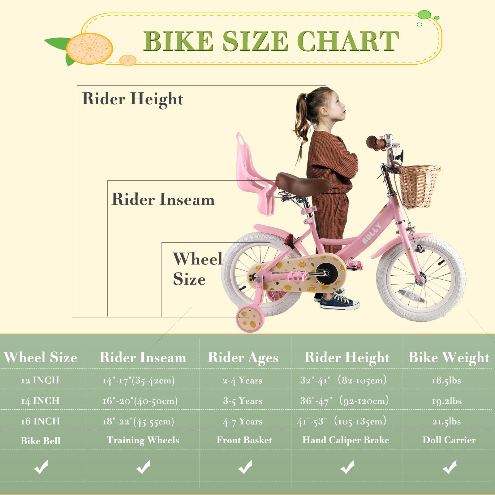 RULLY Vélo Enfant Fruit 12 14 16 Pouces pour Filles 2-7 Ans avec Roulettes Panier Siège Poupée