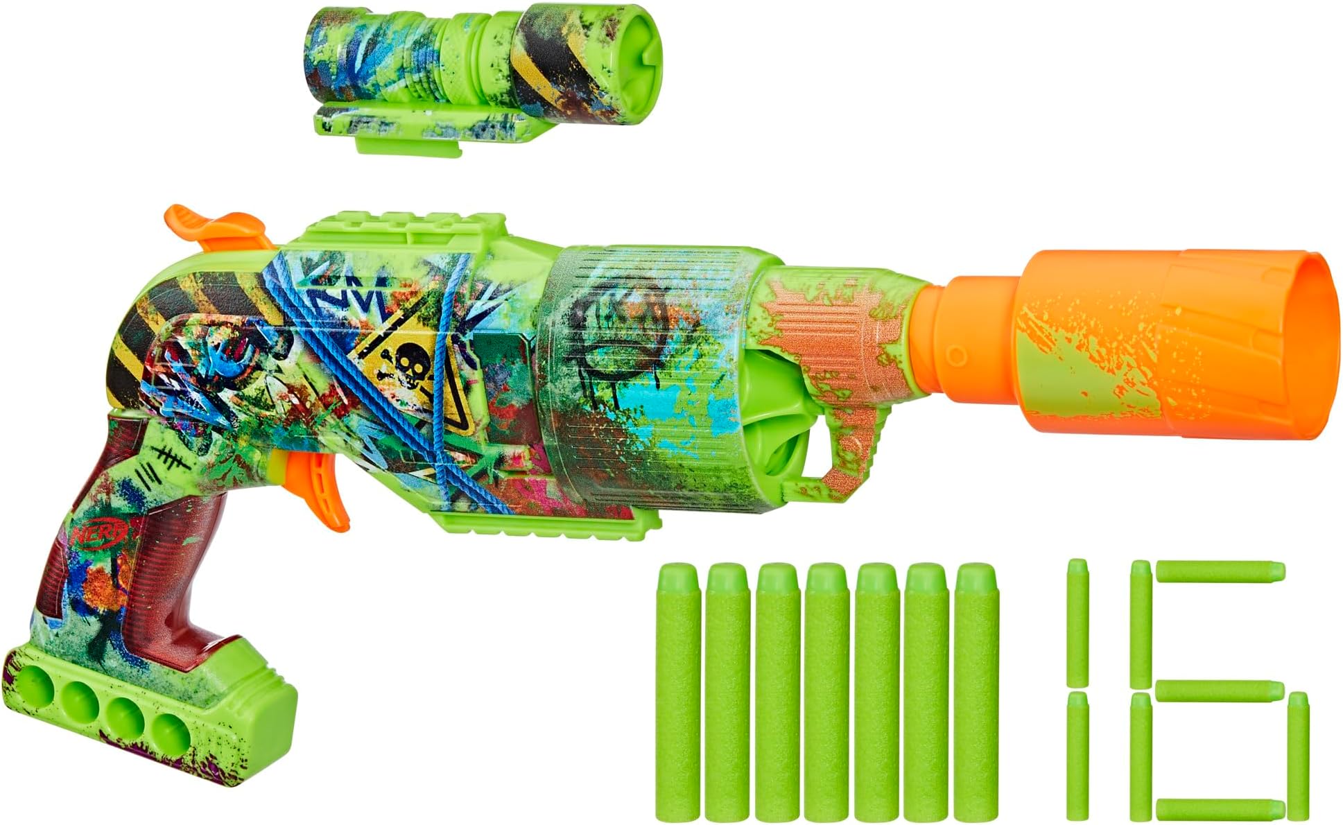 Zombie Driller Dart Blaster, 16 Nerf Elite Darts, Rotating 5 Dart Cylinder, Removable Scope, Outdoor Games, Ages 8+