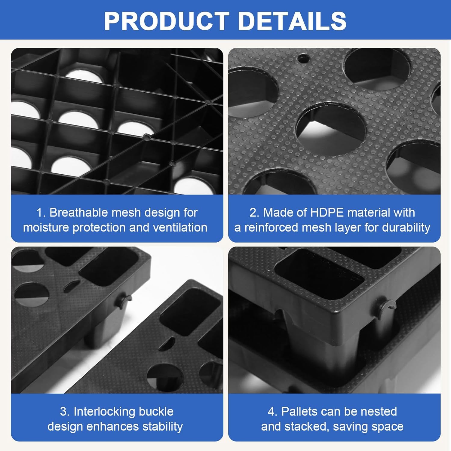 6pcs Pallet in Plastica, Bancali Incastro, Bancale Pallet Impilabile Resistente all'umidità con Griglie Traspiranti, Bancale Griglia per Supermercati, Garage e Magazzini, 50x30x10 cm Neri