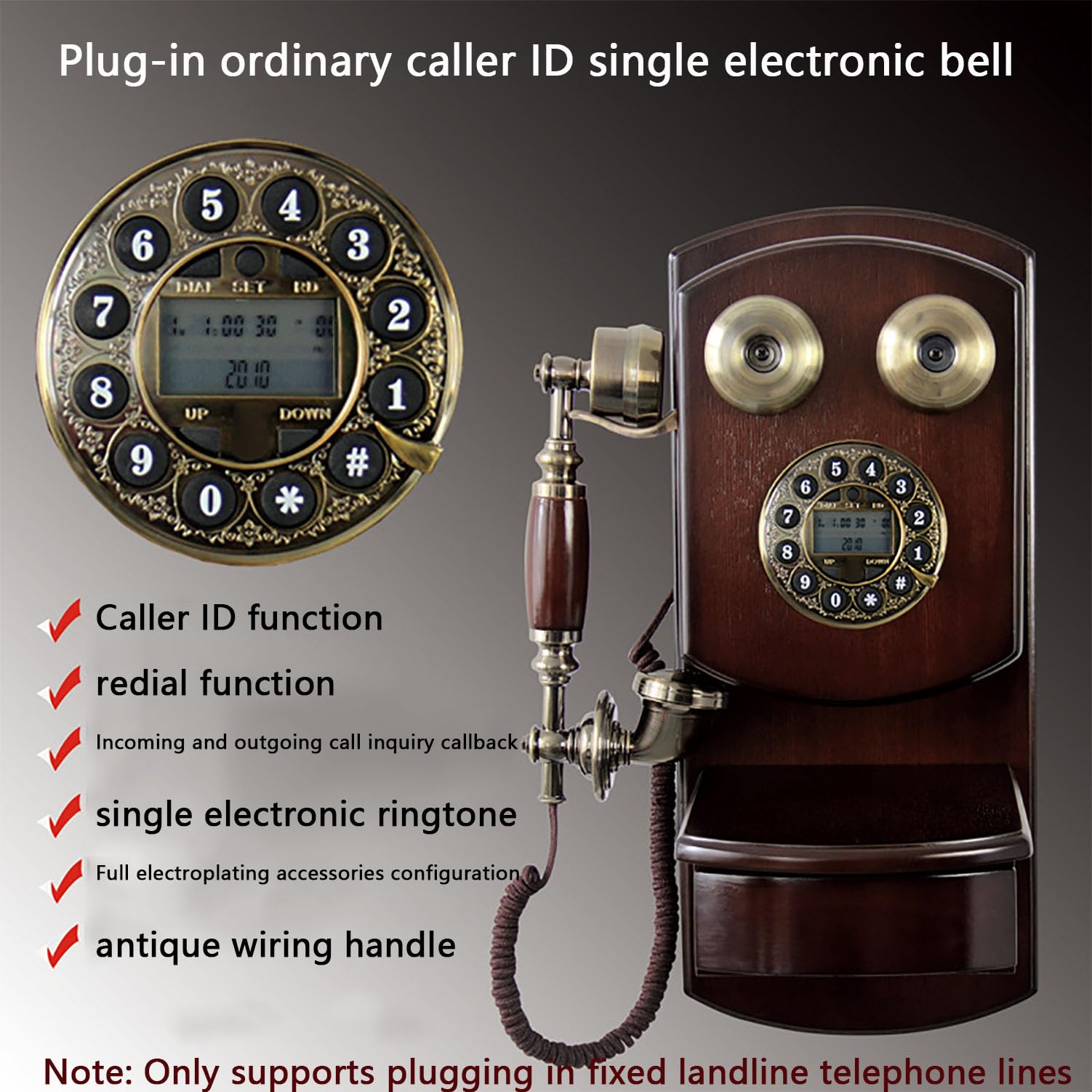 Drewniany telefon ścienny w stylu vintage, z obrotową tarczą, funkcja połączeń bez użycia rąk, dekoracja retro, do domu, salonu, biura, kawiarni