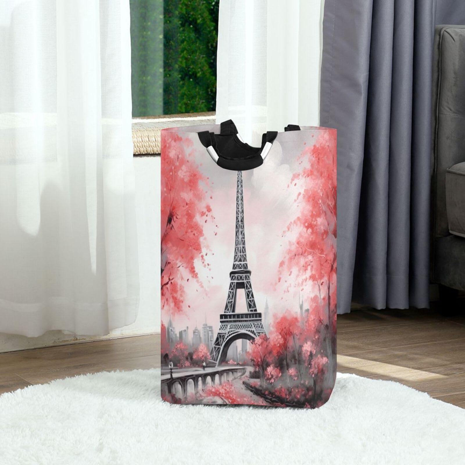 Jihqo Laundry Hamper Basket Eiffel Tower Pink Trees Collapsible Nursery Storage Bin Waterproof Clothing Baskets for Home Bedroom Bathroom Washing Room
