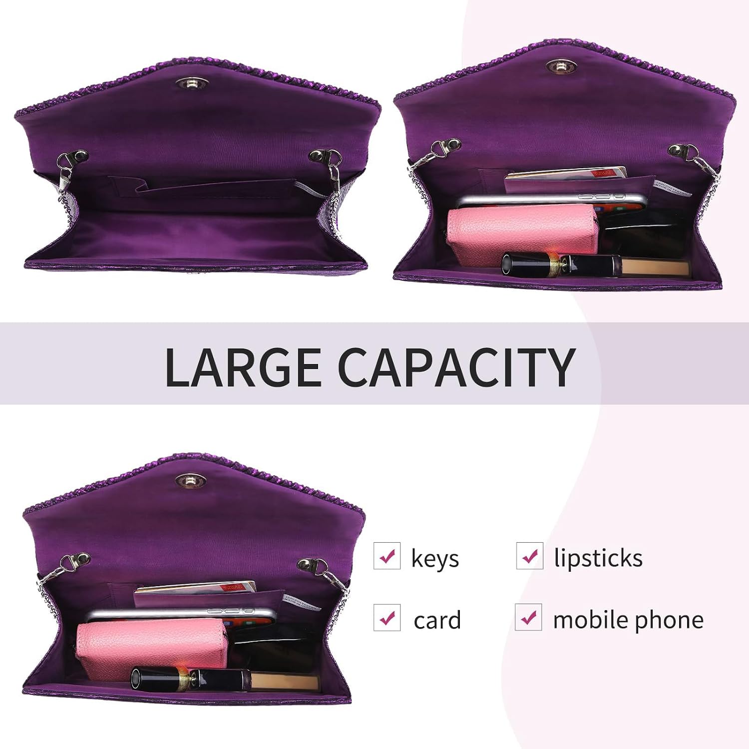 JAMBHALA Women Evening Clutch Handbags Formal Envelope Bag Purses for Wedding Party Cocktail Prom Crossbody Shoulder Bag