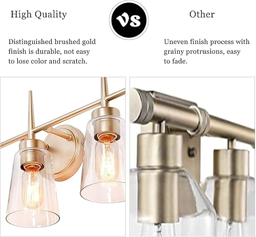 Miniatura 6 de Lámparas de baño, 3 luces, lámparas de baño doradas con pantallas de vidrio transparente para tocador de maquillaje (20 pulgadas de largo x 6