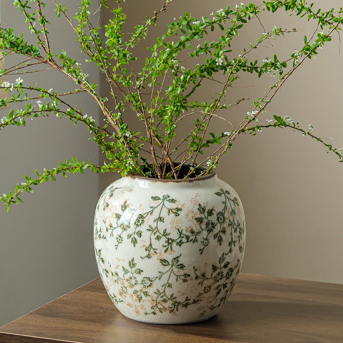 Ceramic Flower Vase for Home Decor, Vintage Decorative Green Vase 6.7 Inch