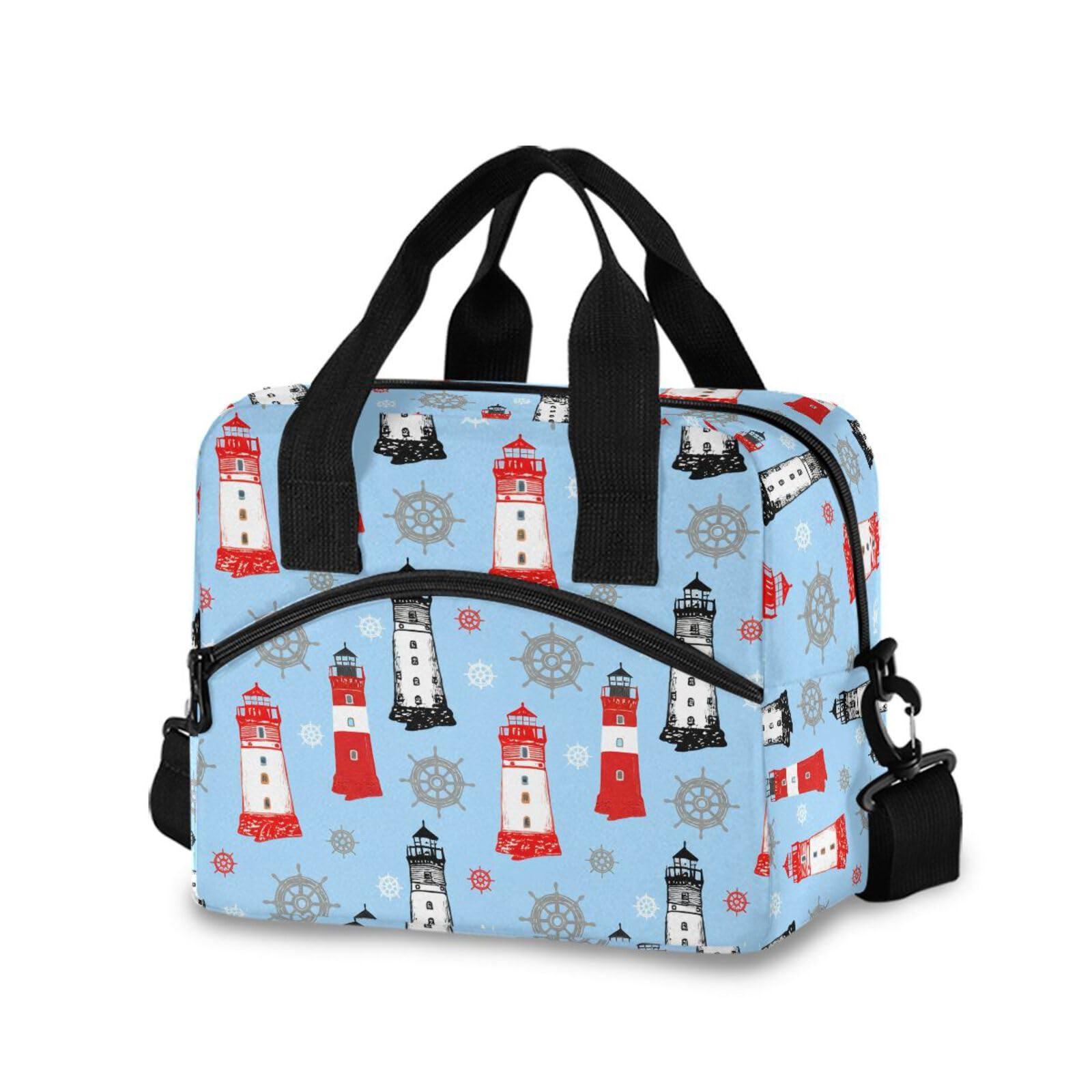 Insulated Lunch Bag Reusable Cooler Lighthouse Wheel Blue Lunch Box Adjustable Shoulder Strap for Office Picnic School