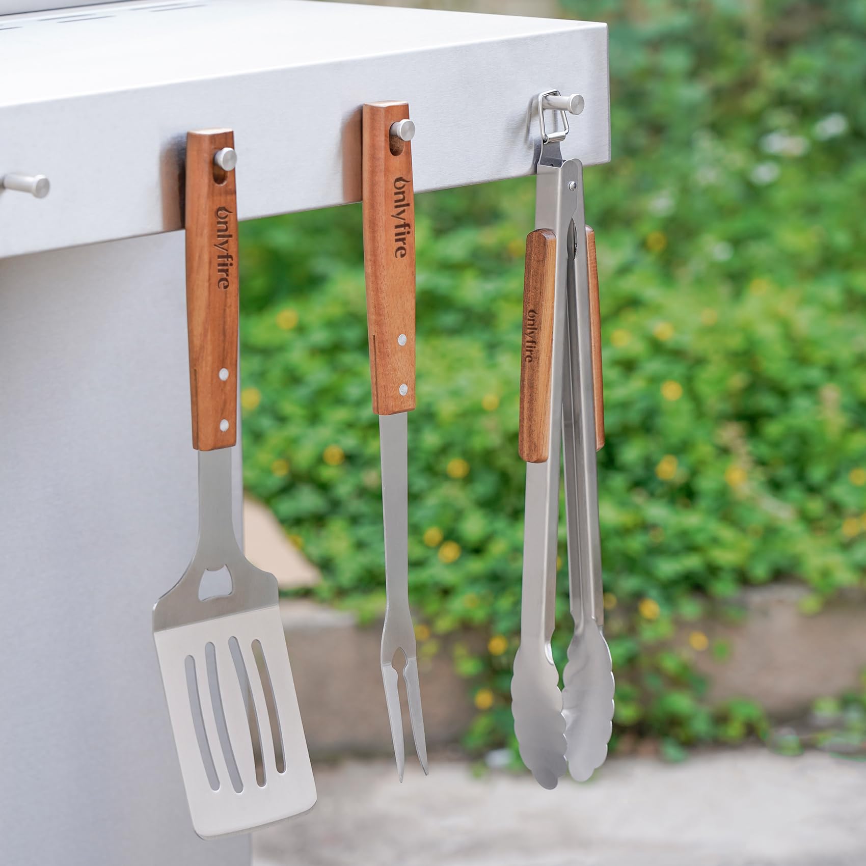 Onlyfire Set d'ustensiles de Barbecue 5 Pièces Acier Inoxydable Pince Spatule Fourchette Gants