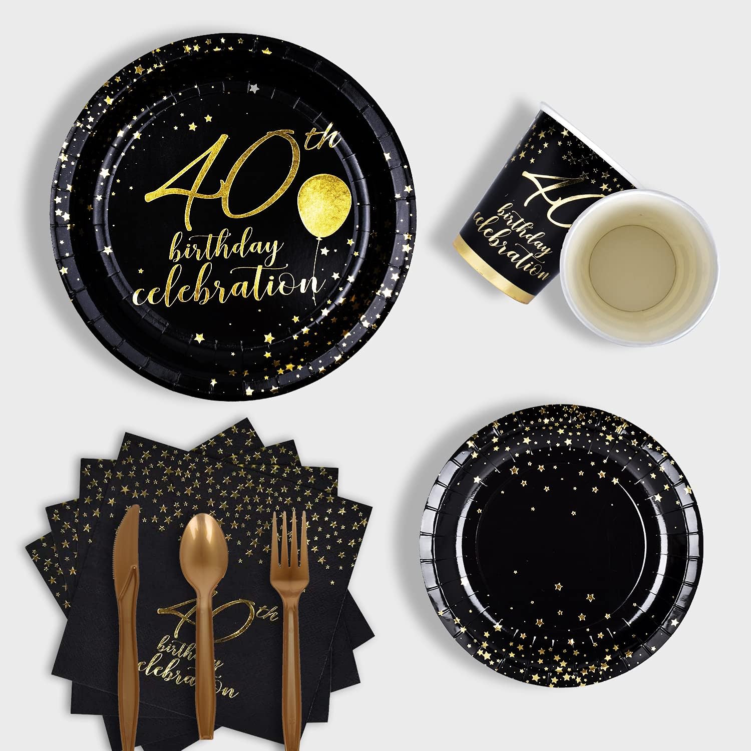 Gatherfun 40th Birthday Party Supplies Disposable Paper Plates Napkins Cups Knives Spoons Forks Tablecloth Banner Number 40 Balloons for Men Woman Black and Gold 40 Birthday Party Decorations Serve 25