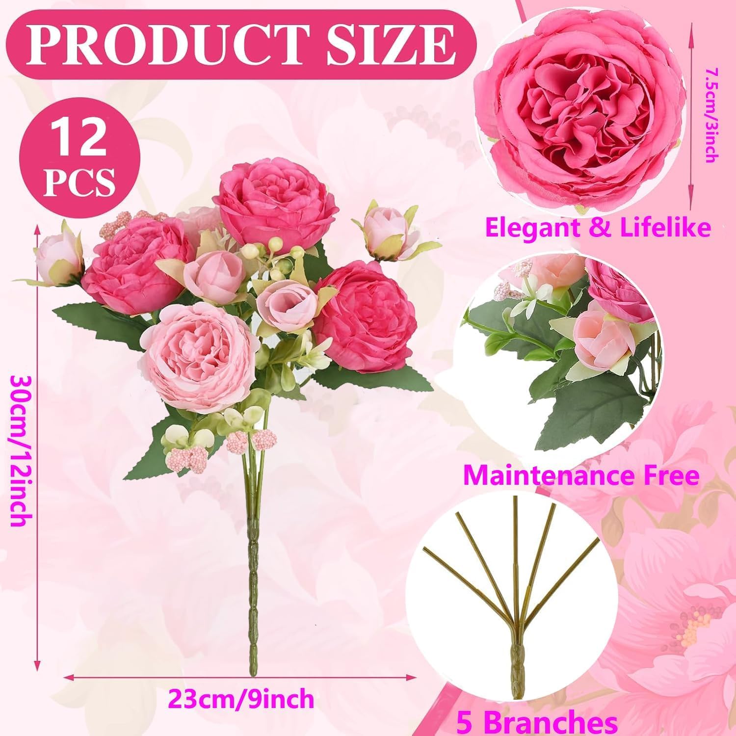 Peonies Artificial Flowers 12 Bundles Pink Flowers Bouquet, Lifelike Silk Fake Peonies with Stems for Home Table Centerpieces, Wedding, Party & DIY Bridal Floral Arrangements (Rose red + Pink)