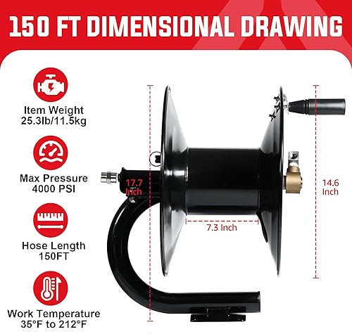 Miniatura 8 de YAMATIC Carrete de manguera para lavadora a presión de 100 pies con manguera de puente de 3 pies, carrete de manguera de acero resistente con