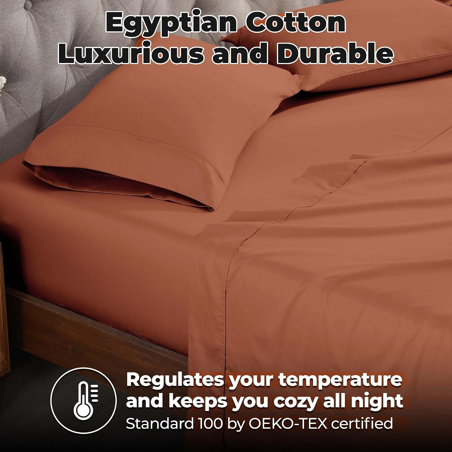 SUPERIOR 300 Thread Count Egyptian Cotton Sheet Set, Solid Bedroom Sheets, Bedding, Essentials, Home Basics, 1 Elastic Deep Pocket Fitted Bed Sheet, 1 Flat Sheet, 1 Pillowcase, Twin XL, Orange image 5