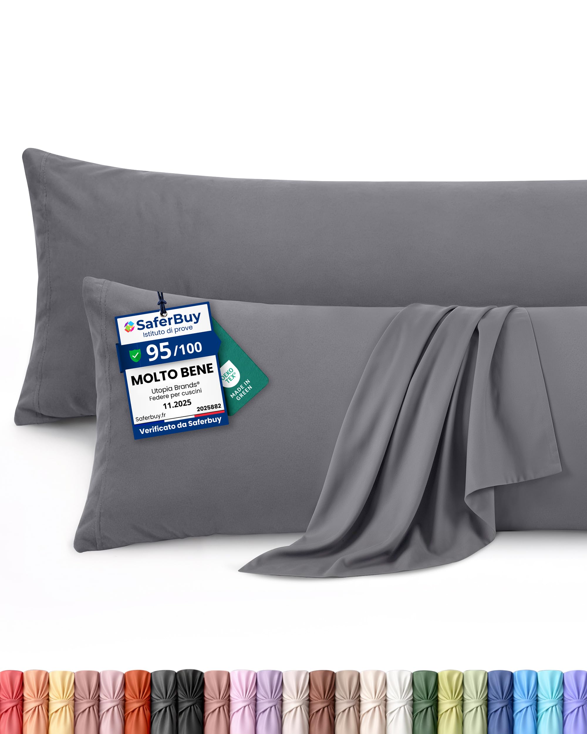 Utopia Bedding - Set di 2 federe cuscino da corpo - 40 x 145 cm - Grigio | Poliestere - Morbida Spazzolata Microfibra Federe Con Chiusura A Busta