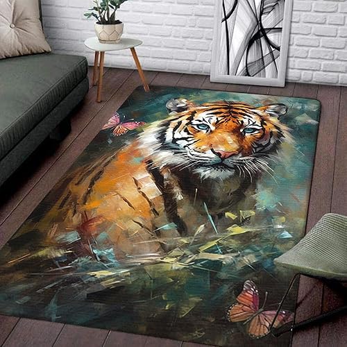 Vista 8 de Alfombra de tigre personalizada – Alfombra de tigre, flores y mariposas, alfombra de tigre, alfombra de tigre, alfombra con estampado de tigre