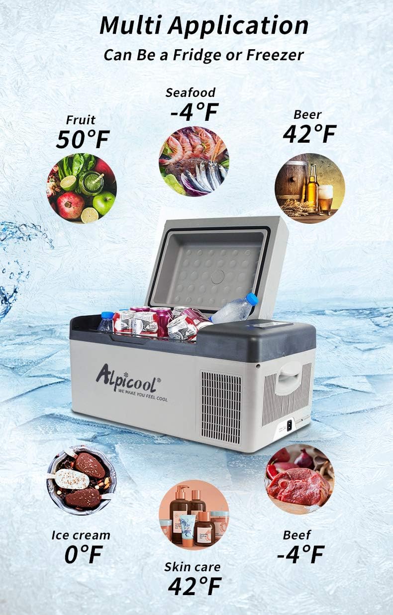 Alpicool Portable Refrigerator showing various applications and recommended temperatures