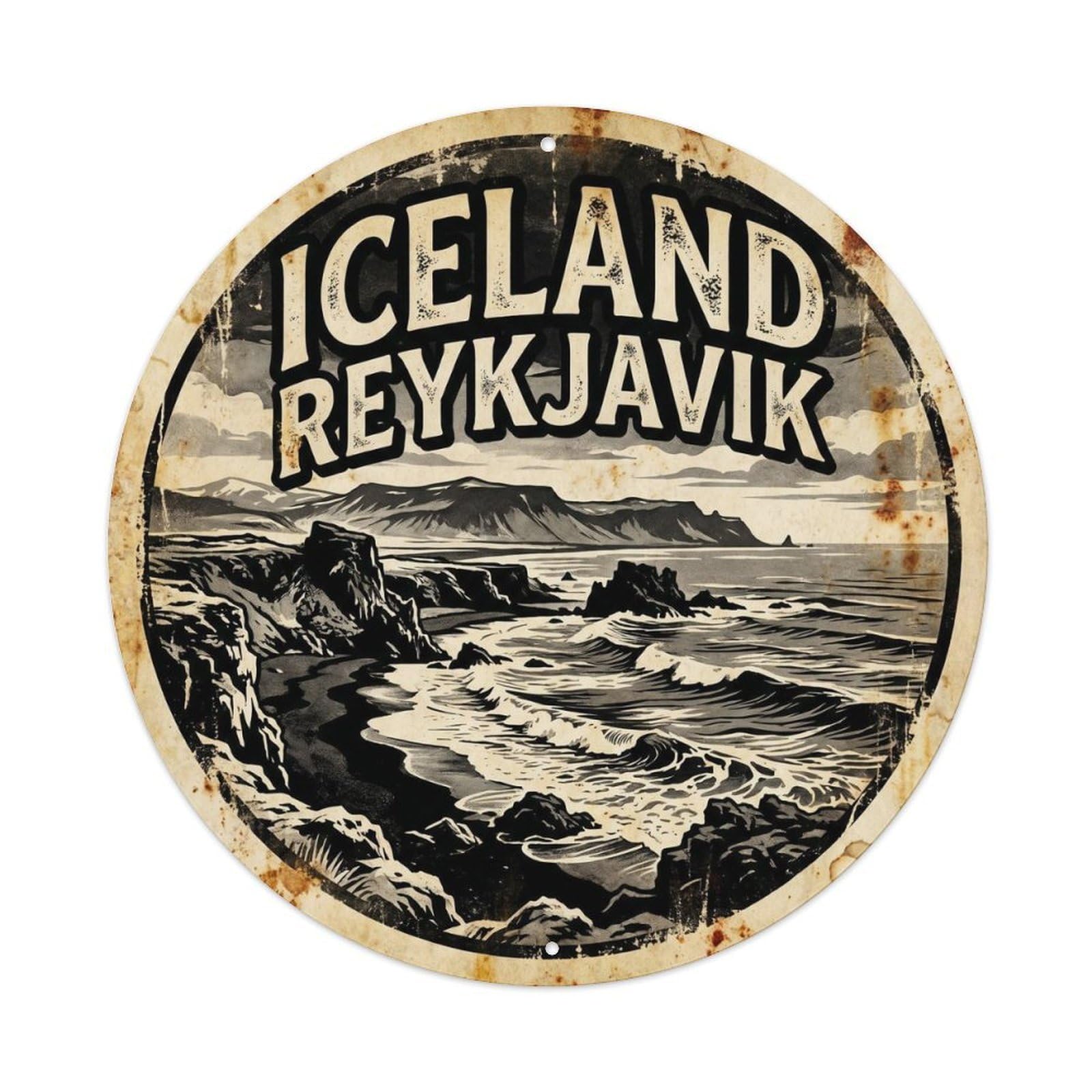 Olyhtr 8X8inch Classic Style Iceland Reykjavik Beach Journey Monochrome Metal Tin Sign