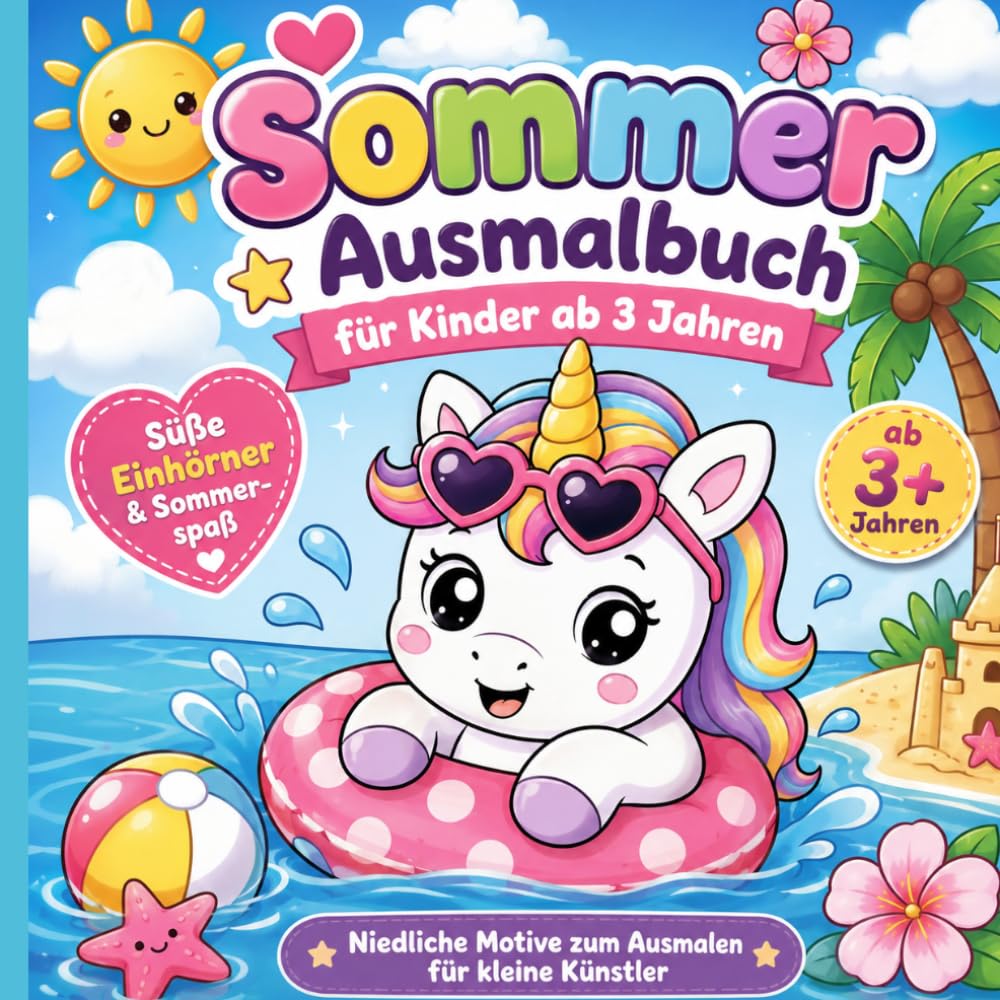 Sommer Ausmalbuch: Einhörner für Kinder ab 3 Jahre