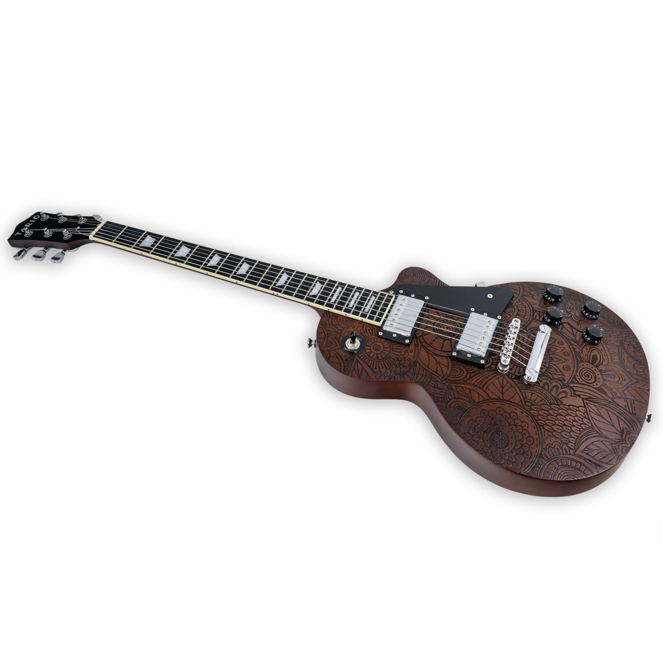 TARIO Chitarra elettrica Superficie incisione modello disegno Chitarra Okoume Corpo con Borsa