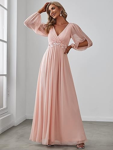 Vista 4 de Ever-Pretty Vestido de noche formal de gasa con cuello en V y mangas largas hasta el suelo fruncido de gasa de una línea 00461