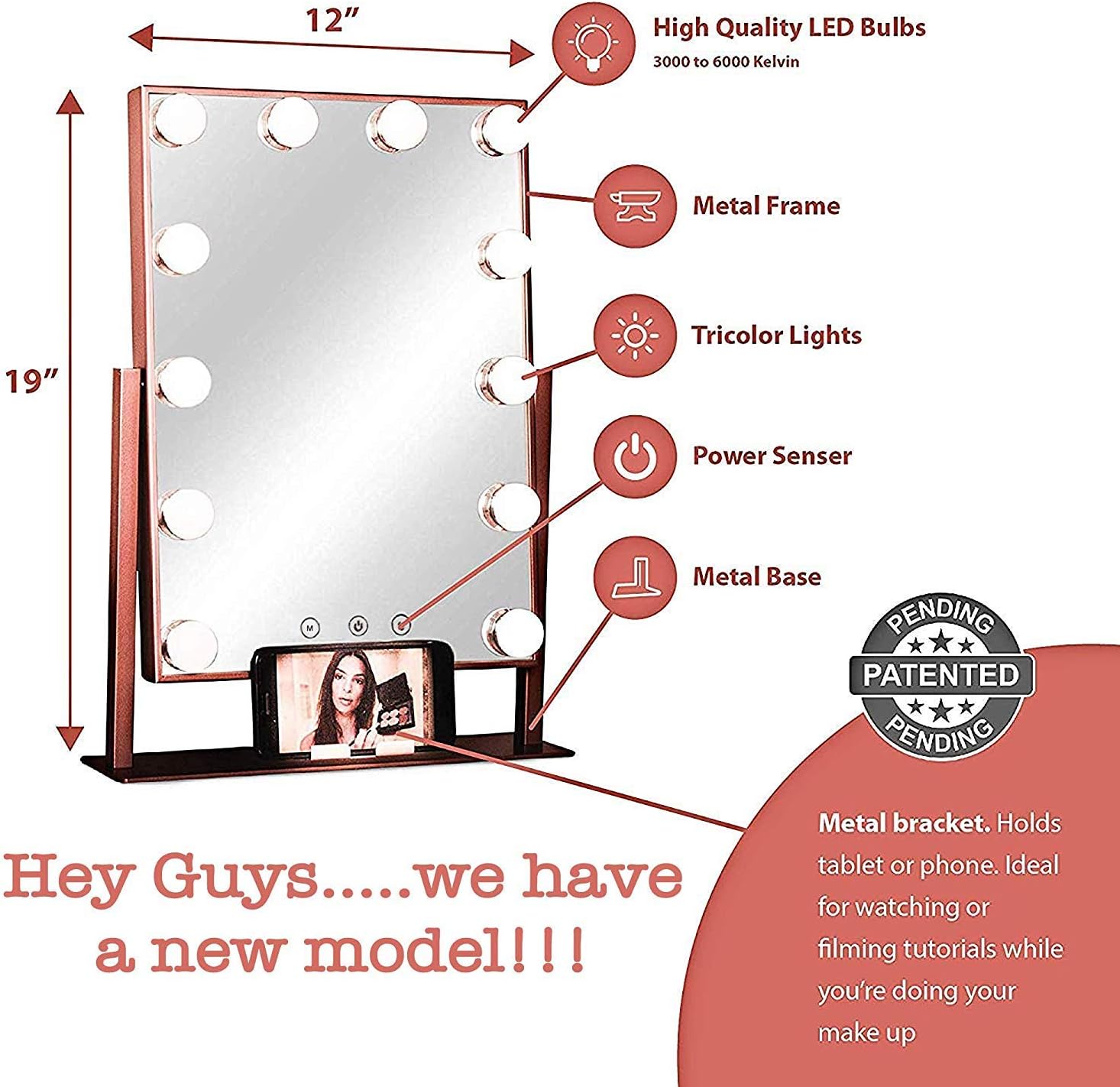 Vanity Mirror With Lights and Phone Mount - Hollywood Style Makeup Vanity Mirror with Lights 12x3W Dimmable LEDs with Touch Control, Phone Cradle | Tabletop Lighted Cosmetic Mirrors