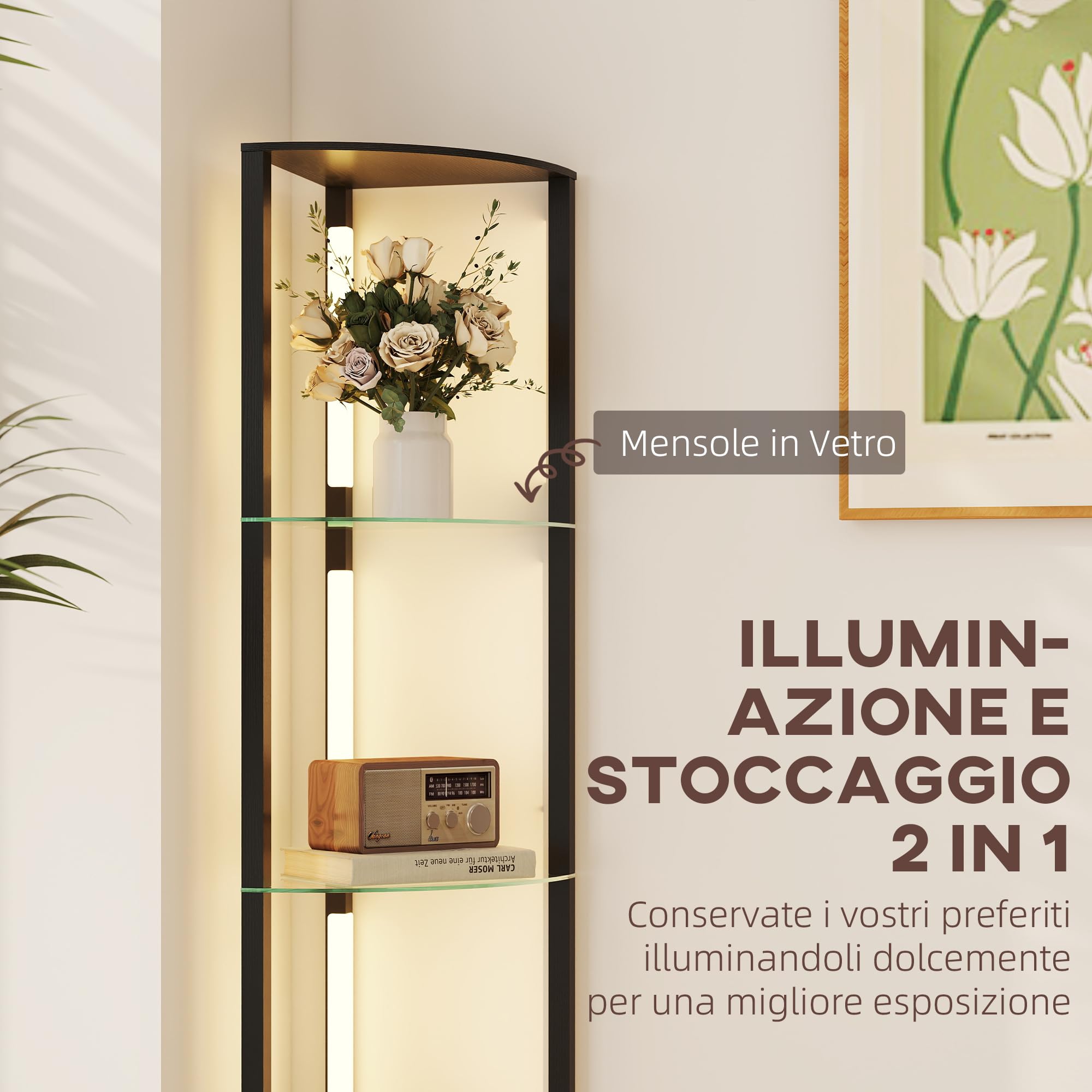 HOMCOM Lampada da Terra con Ripiani in Vetro e Luce LED Nero | Lampada da Pavimento, 3 Livelli di Luminosità, Interruttore a Pedale, per Salotto e Soggiorno