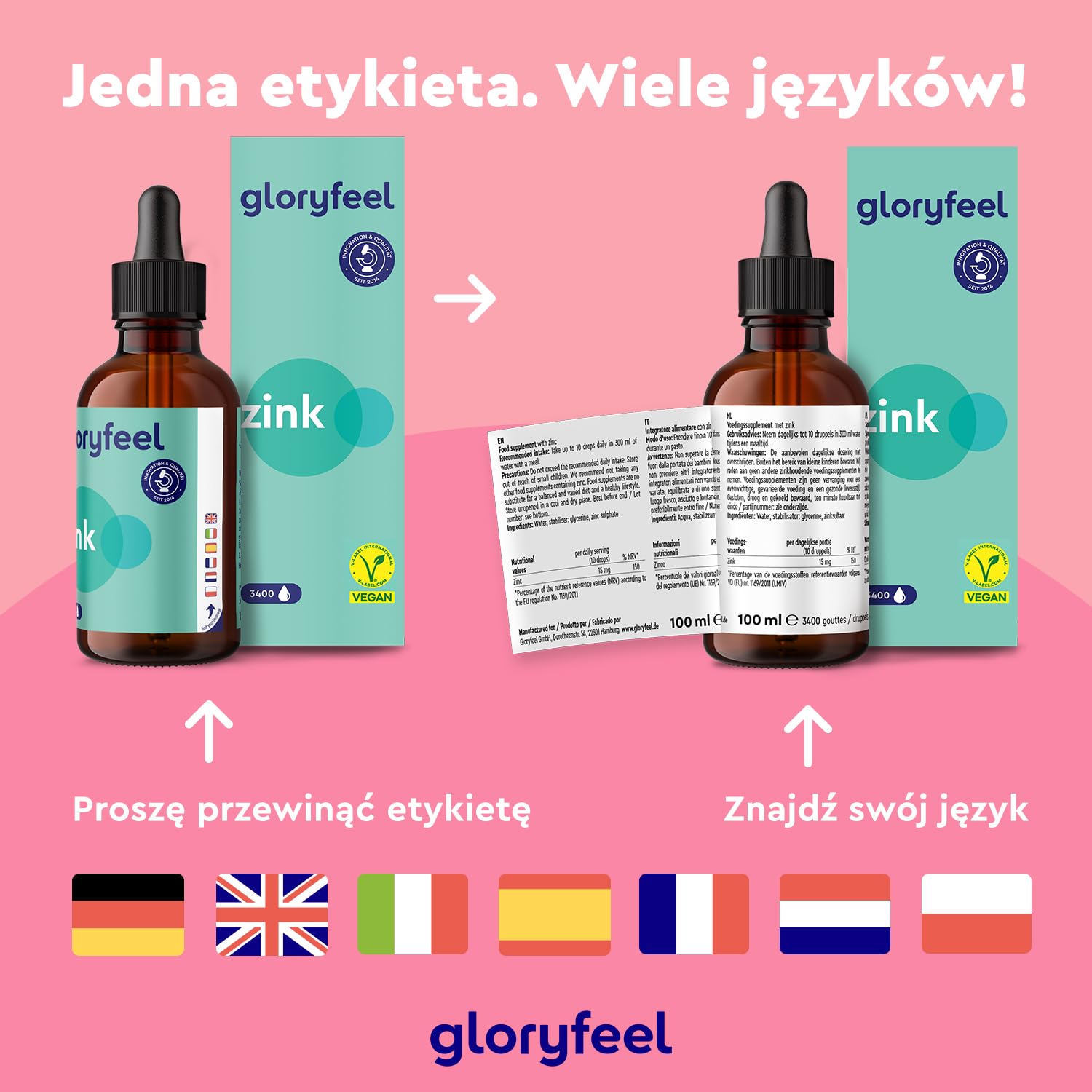Krople cynku - 100ml (3400 kropli) - Premium: siarczan cynku w płynie (cynk jonowy) - Bezalkoholowy i wegański - Jakość marki przetestowana laboratoryjnie, wyprodukowane w Niemczech