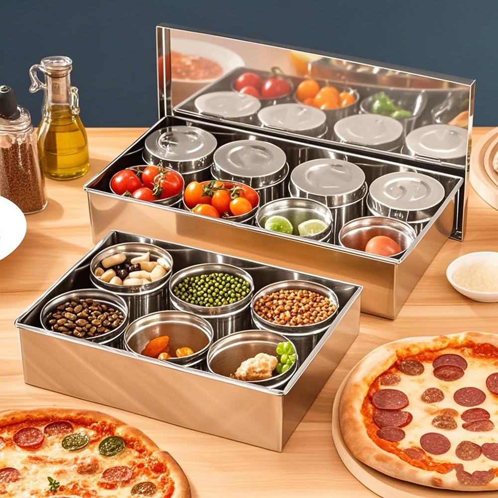 Vassoio per Pizza E Insalata, Porta Condimenti in Acciaio Inox, Contenitore per Condimenti per Pizza Rimovibile, Contenitore per Condimenti per Frutta E Verdura,6 Grid