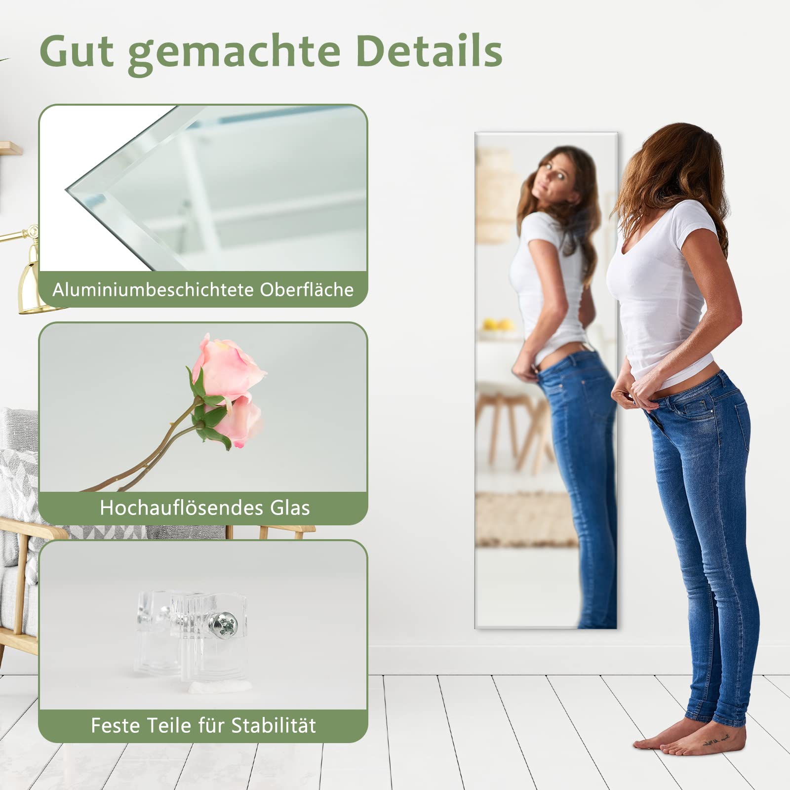 COSTWAY Volledige Wandspiegel, Frameloze Rechthoekige Spiegel Met Accessoires Voor Wandmontage Lange Make Upspiegel Voor Slaapkamer Woonkamer Kleedkamer 110 Cm X 38 Cm