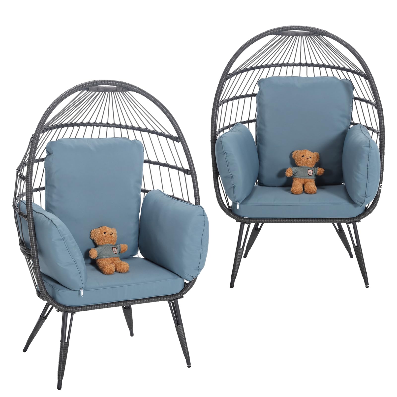 Wicker Egg Chairs Outdoor Set of 2, Oversized Rattan Chairs Indoor with Solid Stand, Comfy Patio Basket Chairs with Soft Cushions, Modern Lounge Chairs with a Cute Toy for Patio, Balcony, Haze Blue