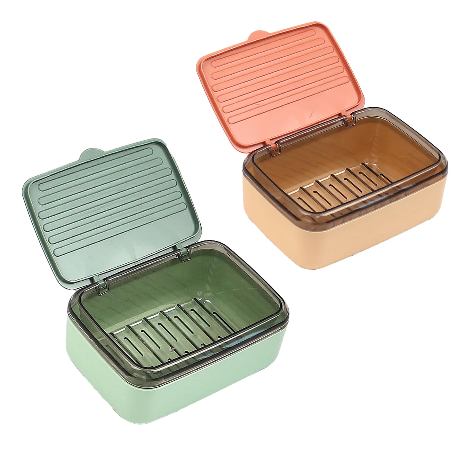 PLAYTHROUGH Double Drain Soap Dish for Travel, Soap Holder with Lid 2 Pcs, Sealed (Pink, Green)