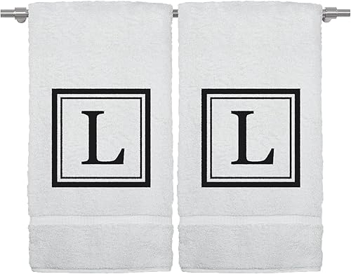 Miniatura 55 de Monogrammed Hand Towel, 16 x 30 Inches Set of 2, Personalized Gift- White Letter Embroidered with Square Design on Black Towel - Extra Absorbent