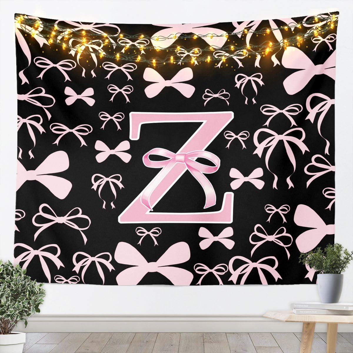 Feelyou Black Pink Bow Tapestry Letter 'C' Print Wall Art for Living Room Bedroom Bowknot Bow Knot Wall Hanging Blanket Kawaii Cute Princess Style Home Decor Medium 59"x59" Coquette Aesthetic image 4