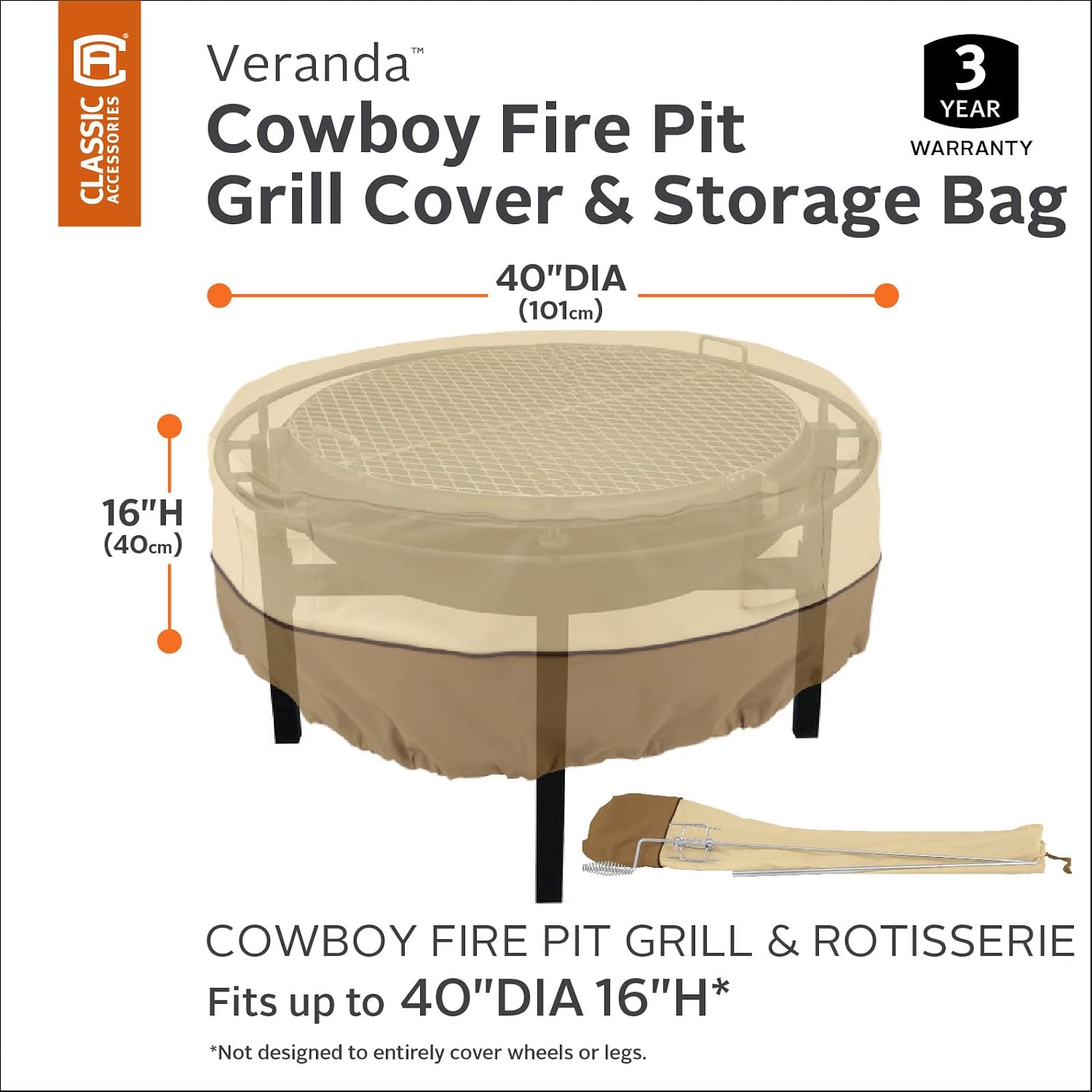 Classic Accessories Veranda Water-Resistant 40 Inch Cowboy Fire Pit Grill Cover and Storage Bag