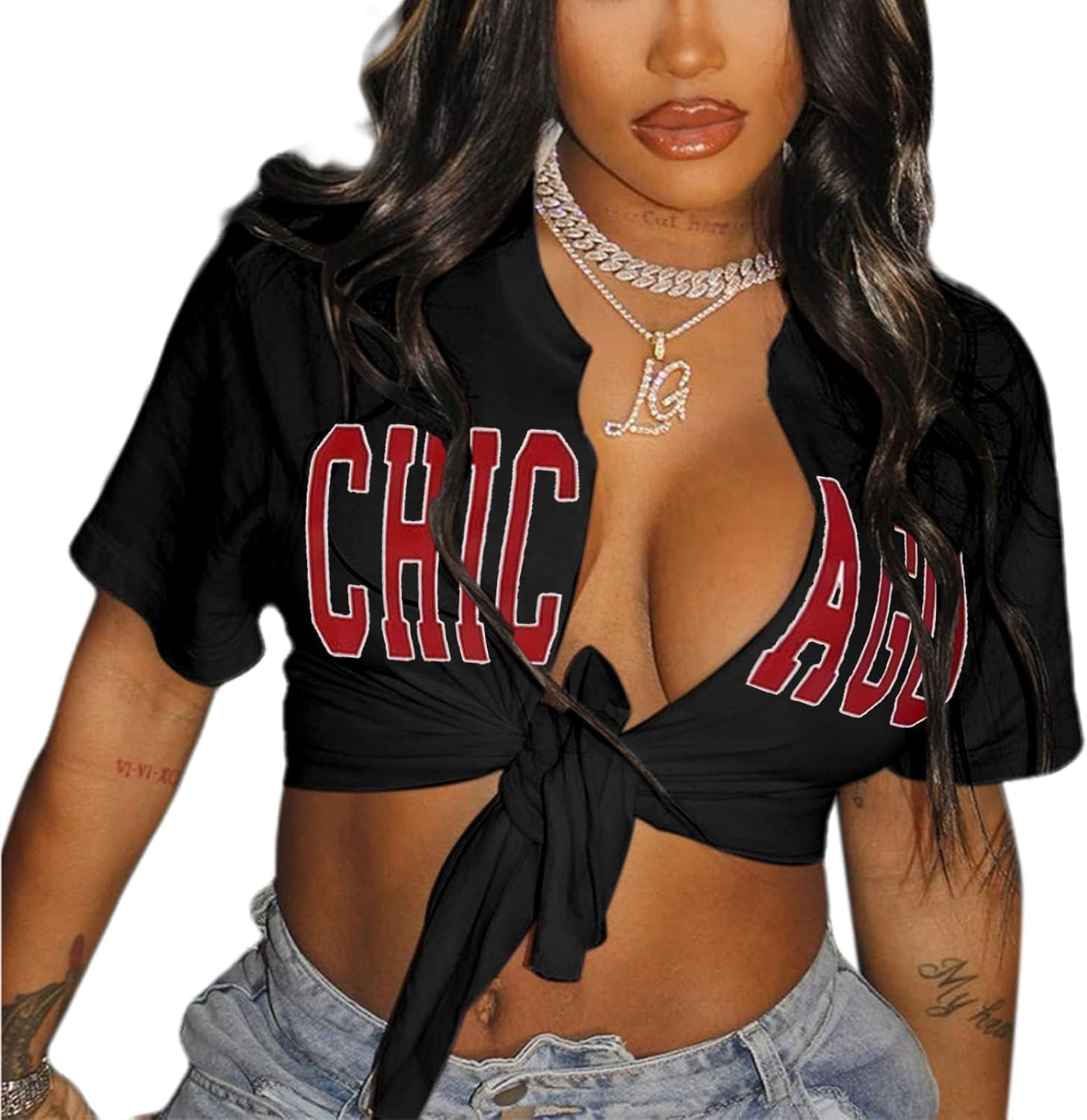 LovelyWholesale Graphic Crop Tops for Women Sexy Tie Front Top Summer Short Sleeve V Neck T Shirt