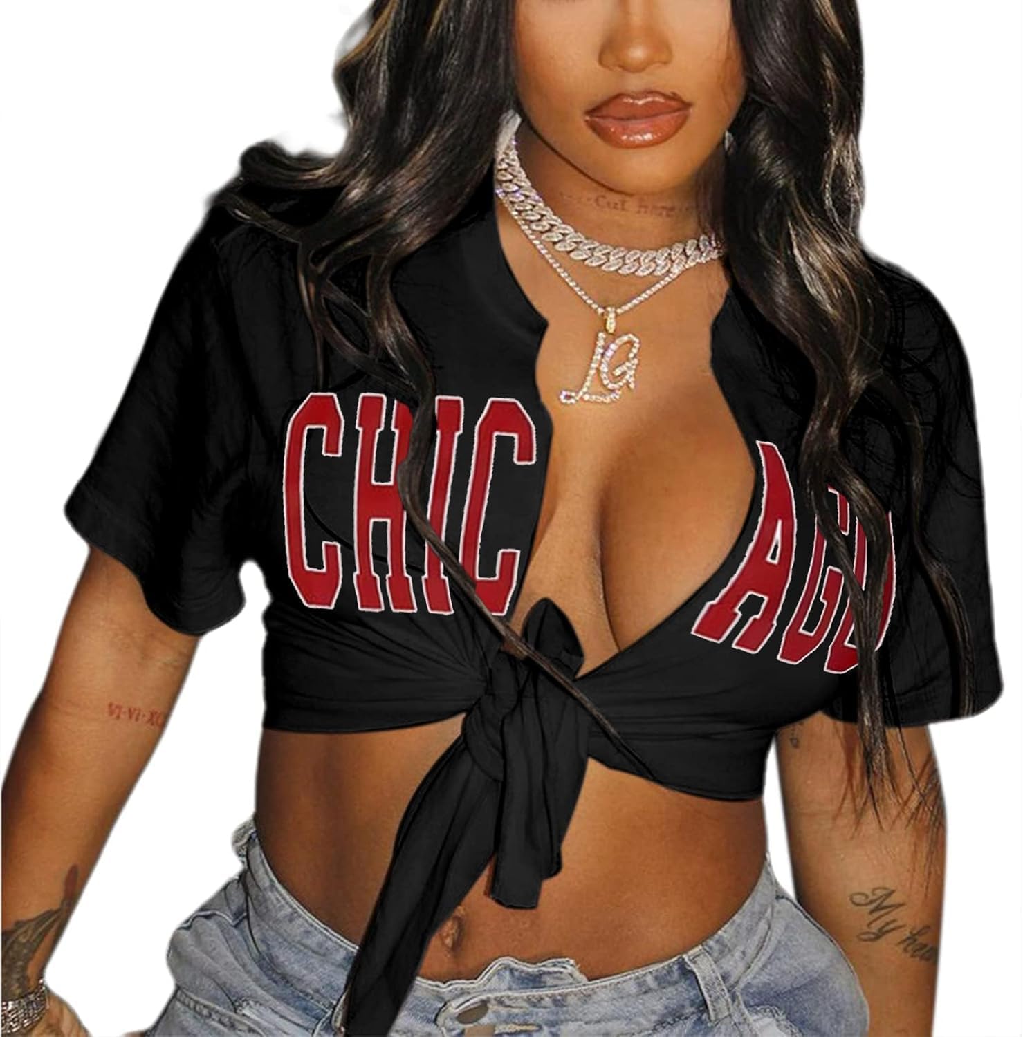 LovelyWholesale Graphic Crop Tops for Women Sexy Tie Front Top Summer Short Sleeve V Neck T Shirt