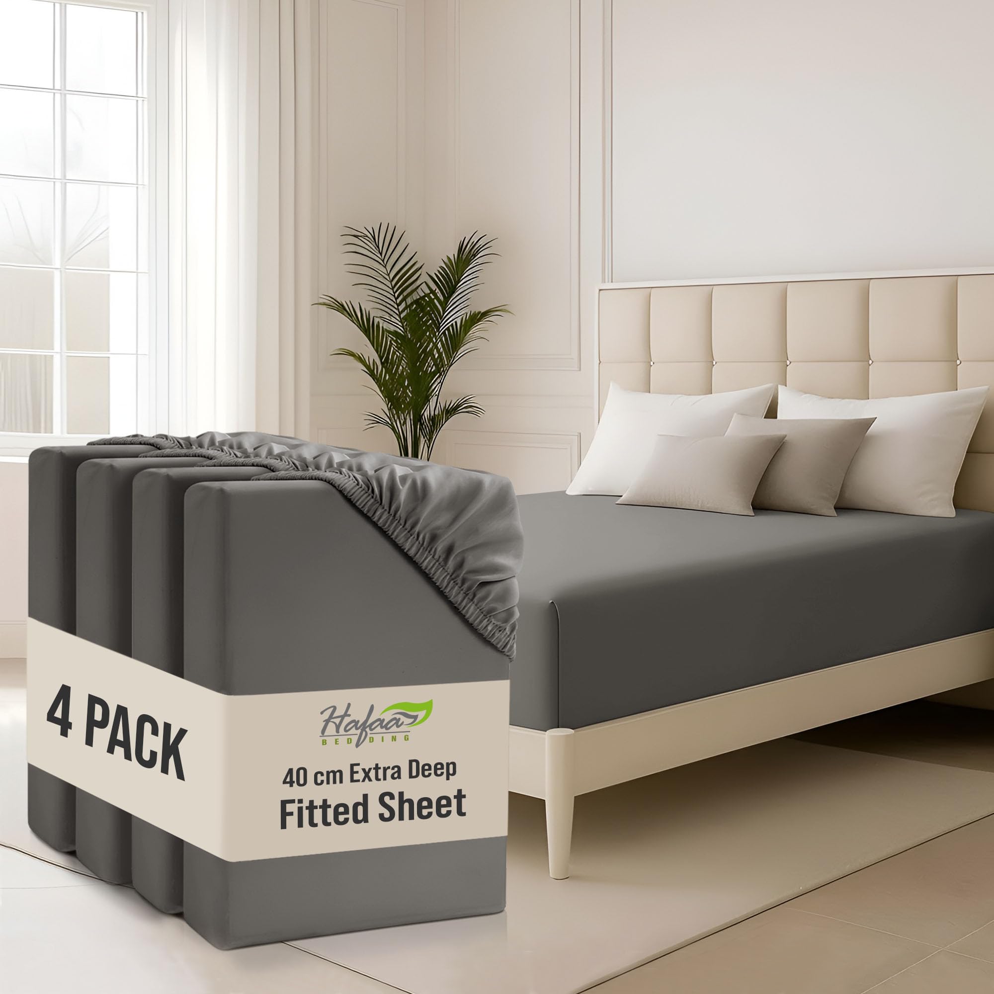 Hafaa Small Double Fitted Sheet 4 Pack 40Cm Deep Pocket 16 Inch Grey